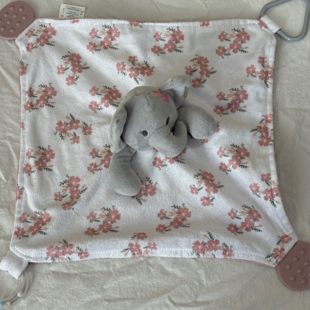 Modern Baby Elephant Lovey Pink and Gray Modern Snuggle Baby Toy Rattle Teether - Picture 2 of 8